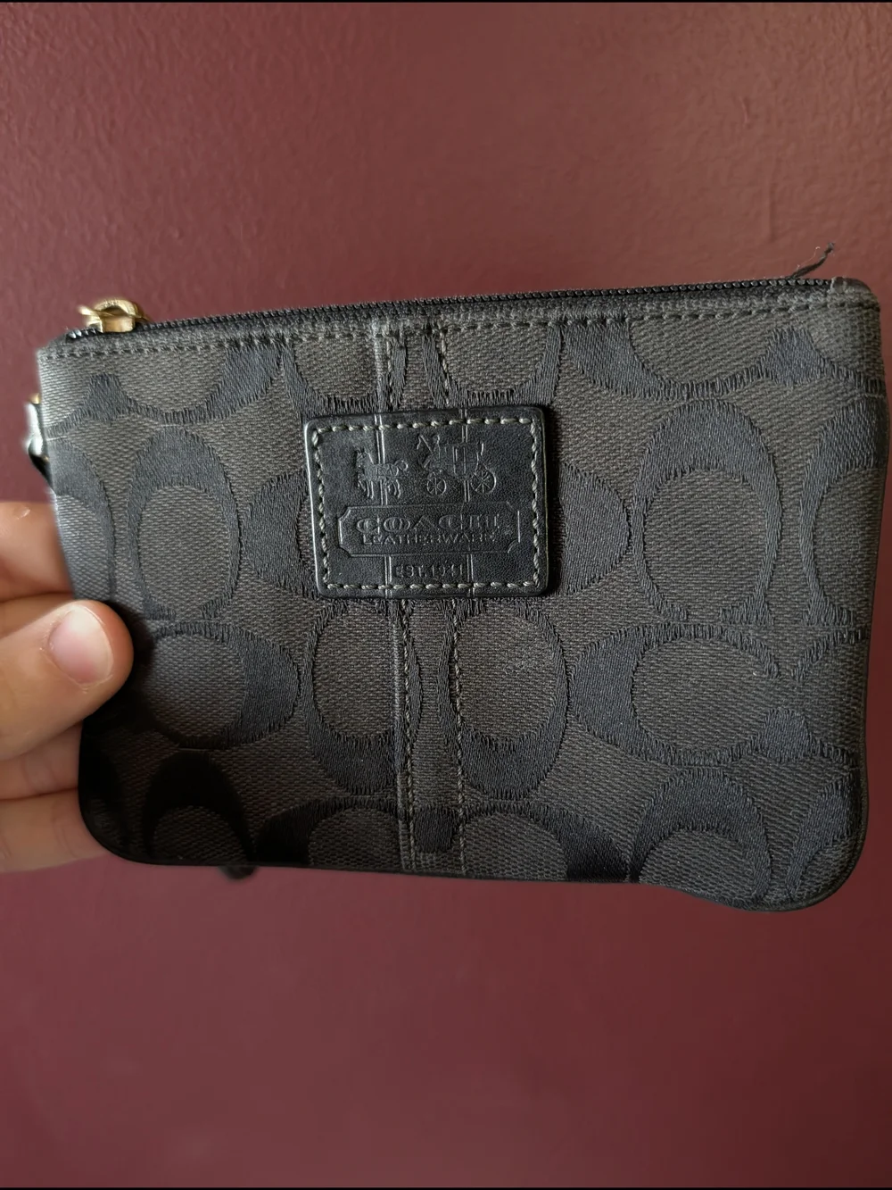 Coach Black Signature Monogram Wristlet Wallet with Gold Hardware w/ COA